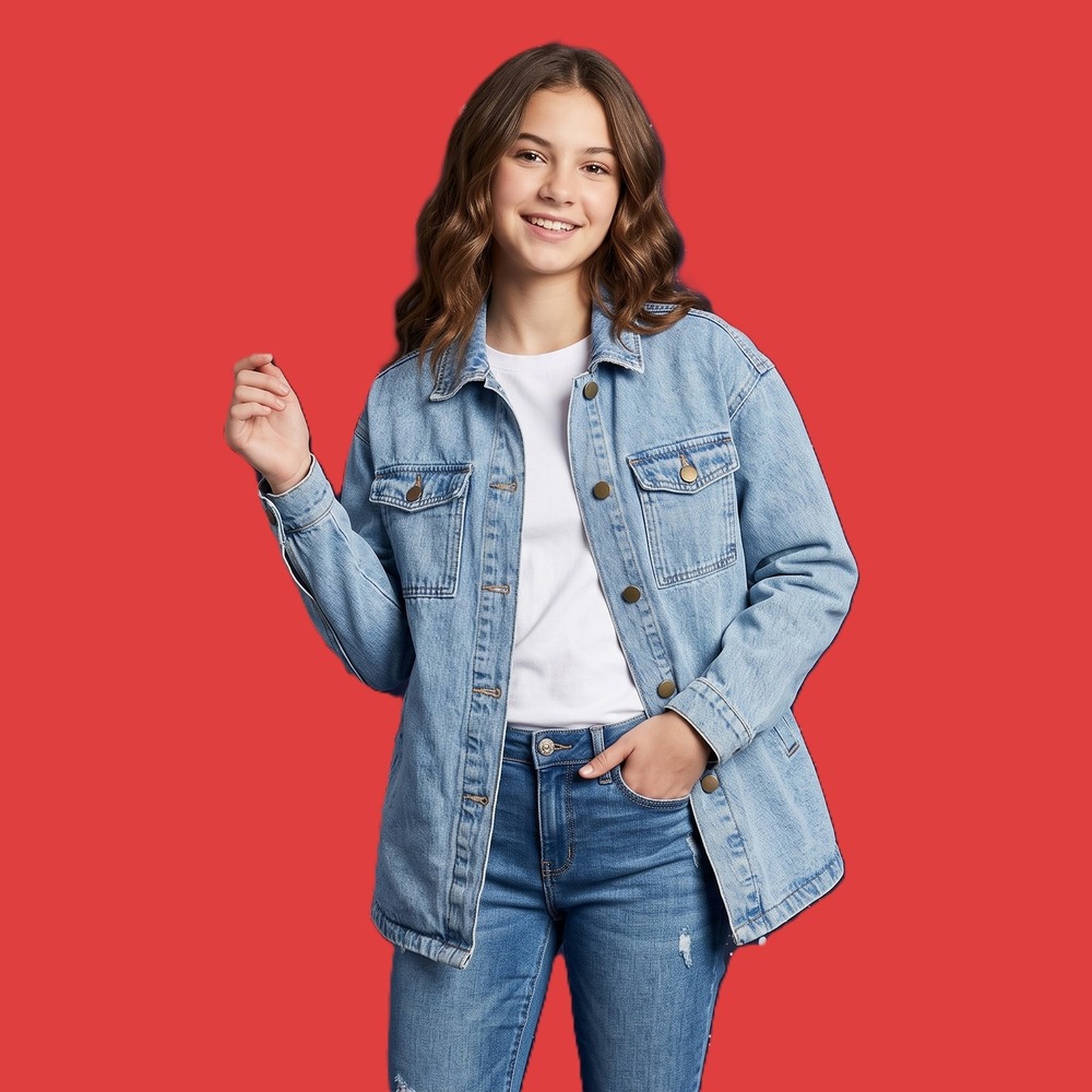 SHEIN Teen Girls Light Wash Denim Jacket Oversized Button Front Blue Size 12-13Y